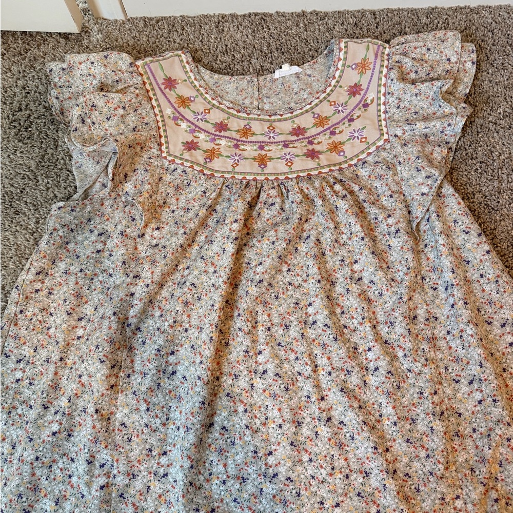 Floral Embroidered Yoke Dress - Cream with Pink Accents